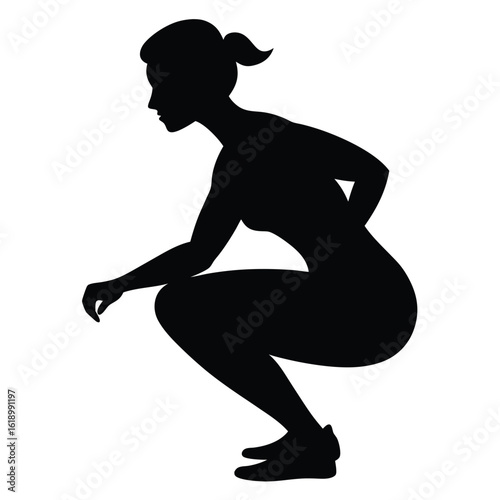 Silhouette shows active woman squatting while resting her hand near her feet with transparent background