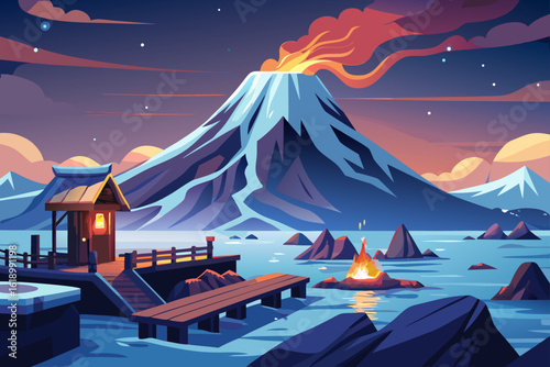 Snowy View Of A Volcano With A Small Dock