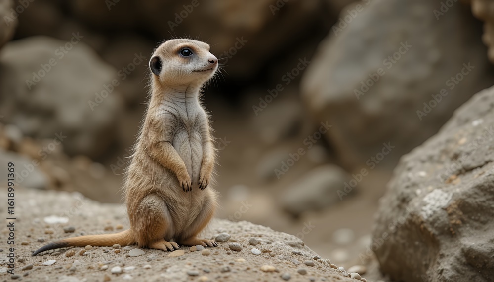 Fototapeta premium Meerkat standing alert on guard duty in the wild desert watching carefully