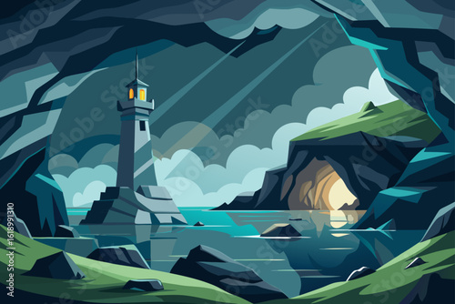 Stormy View Of A Cave With A Lighthouse