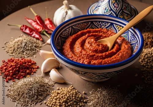 Authentic North African Harissa Paste with Fresh Spices in a Traditional Hand-Painted Moroccan Bowl