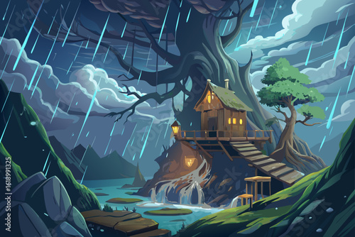 Stormy View Of A Cave With A Treehouse