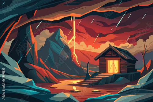 Stormy View Of A Cave With A Wooden Cabin