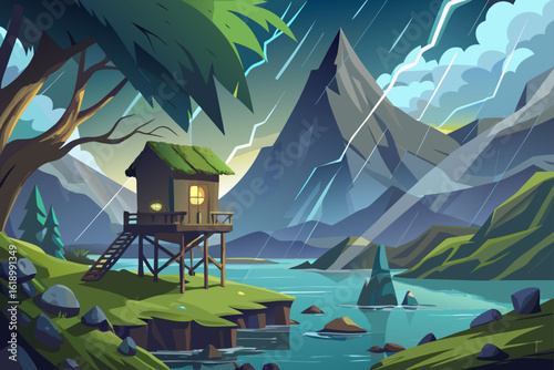 Stormy View Of A Fjord With A Treehouse