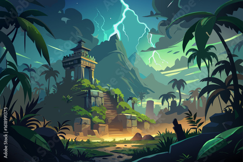 Stormy View Of A Jungle With A Ancient Ruins