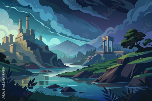 Stormy View Of A River With A Ancient Ruins