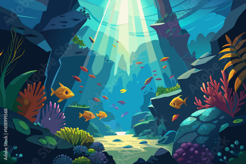Submerged Underwater Coral Canyon With Tropical