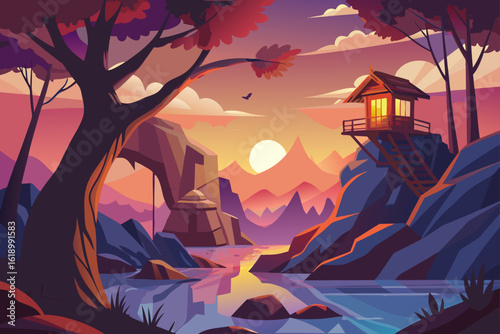 Sunrise View Of A Cave With A Treehouse