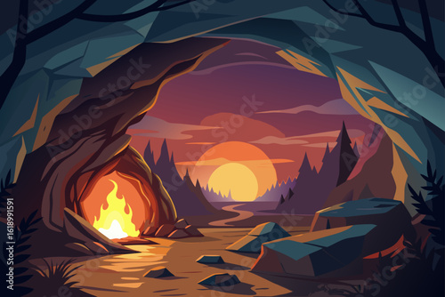 Sunrise View Of A Cave With A Campfire