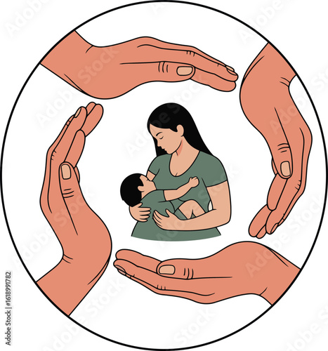 Illustration of Mother Breastfeeding Baby Surrounded by Protective Hands Against Transparent Vector