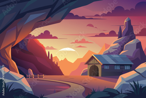 Sunset View Of A Cave With A Barn