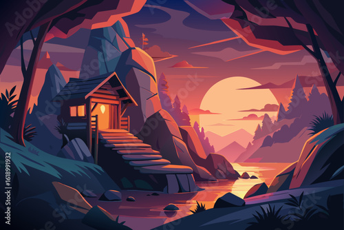 Sunset View Of A Cave With A Cottage