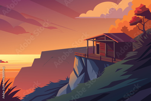 Sunset View Of A Cliffside With A Abandoned Shack