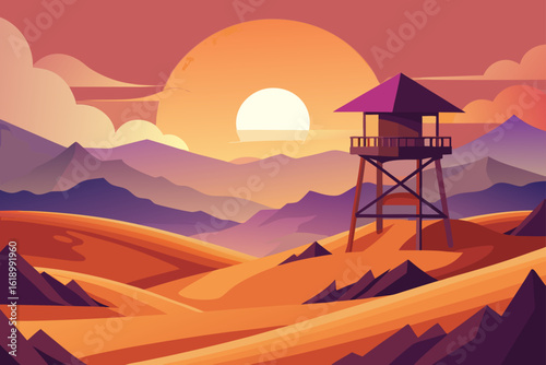 Sunset View Of A Desert With A Watchtower