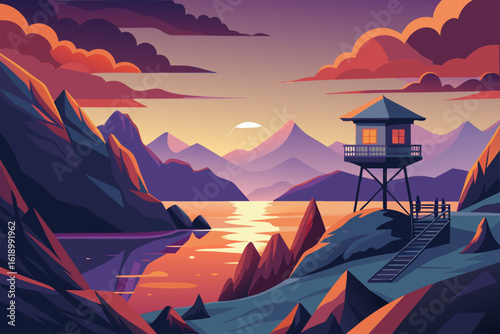 Sunset View Of A Fjord With A Watchtower