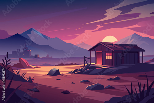 Twilight View Of A Plateau With A Abandoned Shack