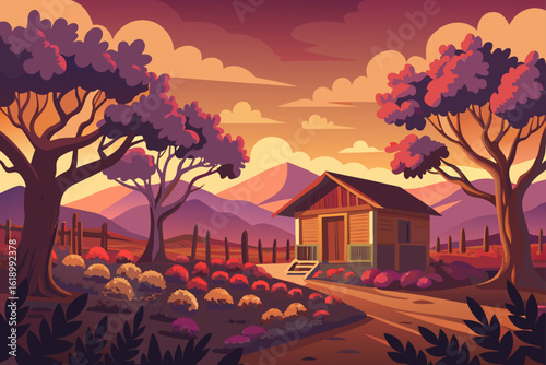 Twilight View Of A Orchard With A Abandoned Shack