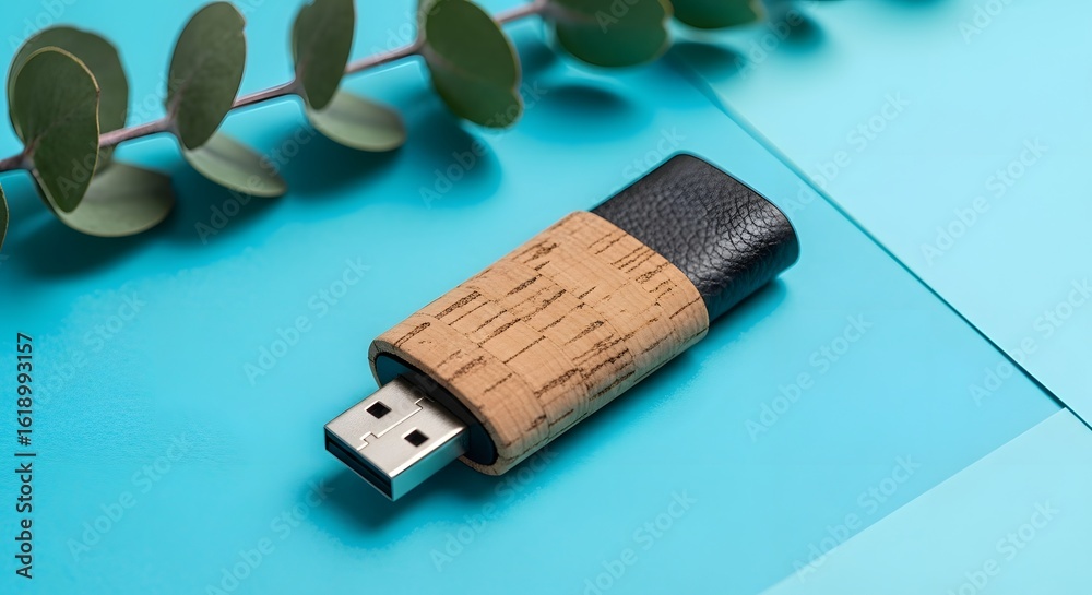 Fototapeta premium Cork USB Drive on Blue Background Product Photo