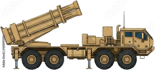 Realistic Military Vector of M142 HIMARS in Desert Tan | Tactical Side Profile with Rocket Launcher Details

