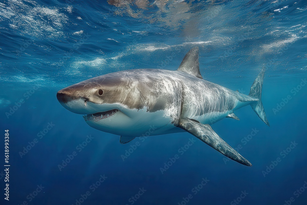 Naklejka premium Great white shark swims in clear blue ocean water near the surface during daylight hours in the open sea