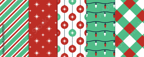 Colorful Christmas-themed patterns showcasing stripes, stars, ornaments, and lights in red and green tones for festive decoration, crafts, or design projects.