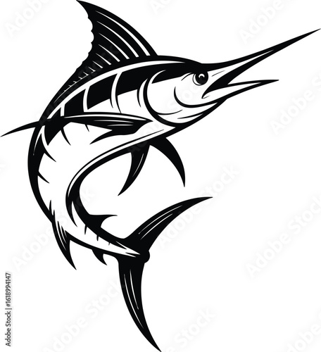 Black and white marlin fish leaping out of water jumping