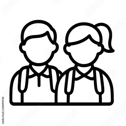 Two school students standing together with backpacks in outline style  