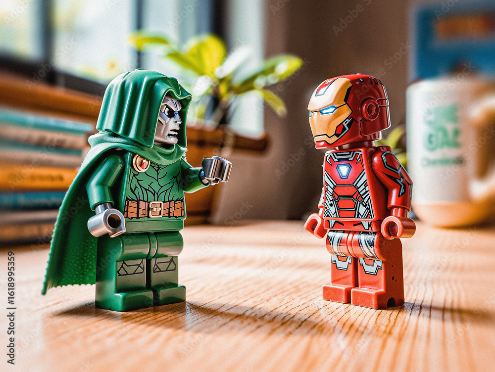 Naklejka premium LEGO Minifigures Product Macro Shot, Doctor Doom (Dr Victor Von Doom), Iron Man, Marvel Comics, Marvel Cinematic Universe (MCU) Collectibles