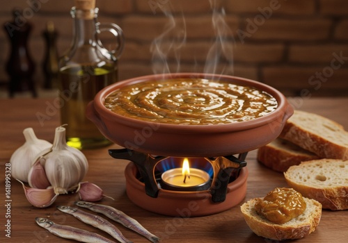 Authentic Bagna Càuda, Traditional Warm Garlic and Anchovy Dip from Piedmont, Italy, Served in a Terracotta Warmer