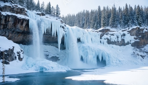 Majestic frozen waterfall cascades down snow-covered rocks in winter wonderland. Ice formations, icicles create stunning glacial scene with surrounding pine forest, clear blue water below. Peaceful,