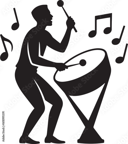 Silhouette of a Drummer Playing Steelpan with Musical Notes Floating Around on Transparent Backdrop