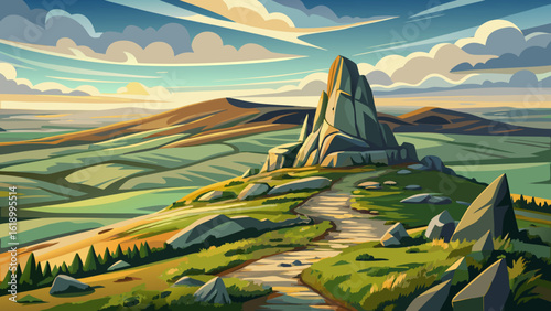 A view of Bowerman's Nose in Dartmoor National Park, a vast moorland in the county of Devon, in southwest England shows rugged rocks beneath soft skies. Semi-realistic vector style reveals texture and