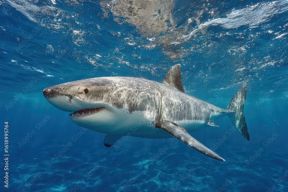 Naklejka premium Great white shark swims in clear blue ocean water near the surface during daylight hours in the open sea