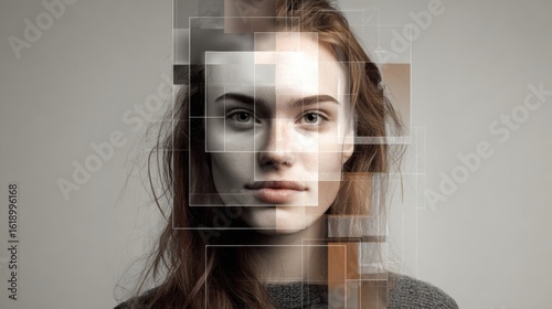 Artistic Female Portrait Featuring Morphing Facial Zones and an AI Beauty Scan Theme With an Open Upper Margin Revealing Intricate Details