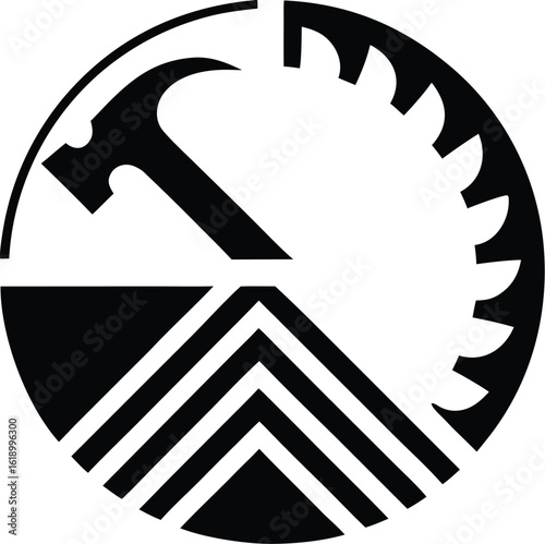 Hammer and saw blade forming a circular graphic symbol representing construction and carpentry