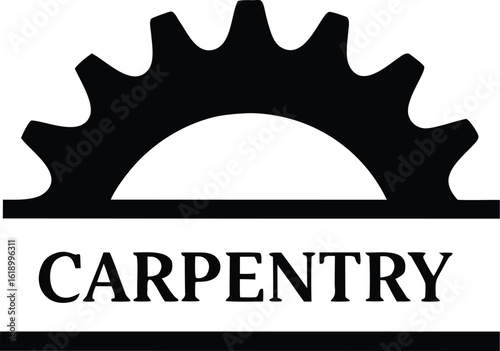 A gear or cogwheel above the word carpentry, symbolizing woodworking and craftsmanship
