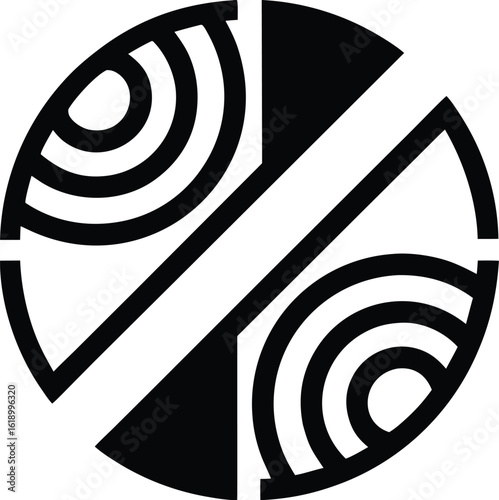 Abstract circular design divided by diagonal lines with curved patterns in opposing segments