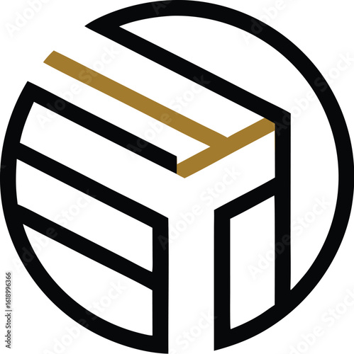 Abstract geometric logo with black lines and a touch of gold, forming a modern and minimalist design concept