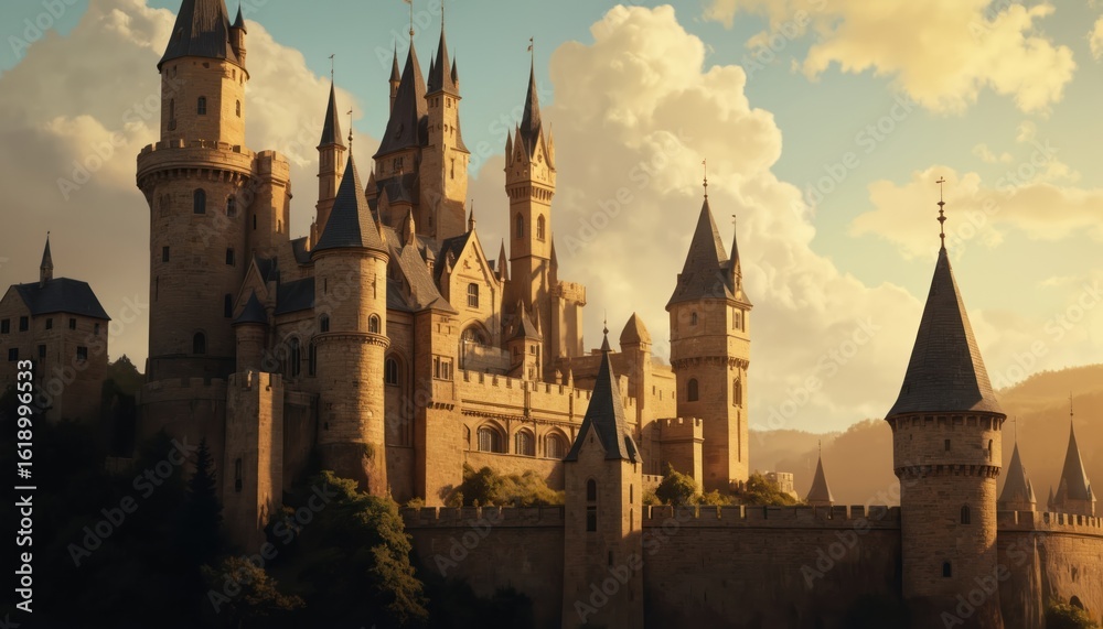 Fototapeta premium Majestic stone castle with towering spires set against clear blue sky. Ancient fortress mediaeval architecture, rich history, impressive grandeur. Ideal for travel, tourism, fantasy themes.