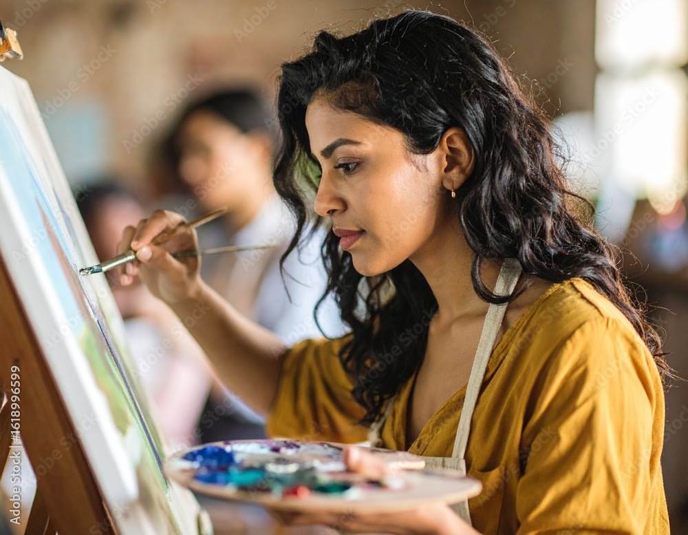Fototapeta premium Artist at Work: A woman artist paints on canvas with a palette and brush in her studio.