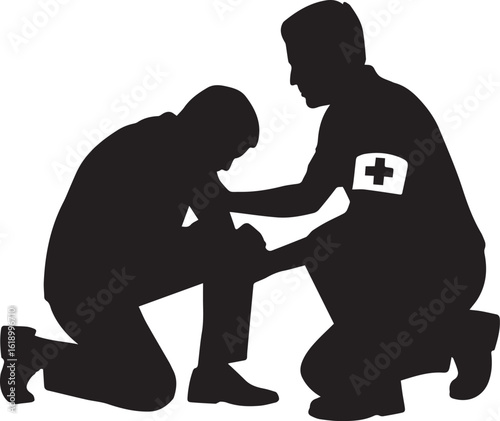 Silhouette of a Medic Kneeling to Help an Injured Person, Providing First Aid and Support on the Ground
