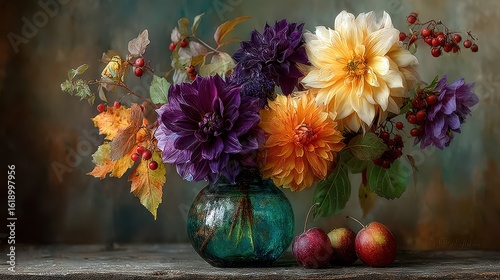 Colorful autumn bouquet with dahlias and berries in a vintage vase on a rustic wooden table