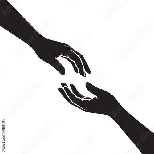 Silhouette of Two Hands Reaching Out to Each Other Symbolizing Connection, Support, and Assistance