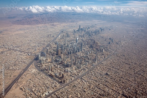 Aerial view of Kingdom Centre and cityscape in Riyadh, Saudi Arabia at daytime showing modern buildings and busy roads