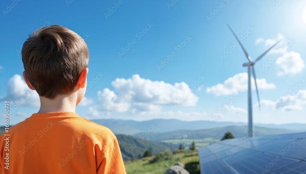 Fototapeta premium Young child looks at solar panels and wind turbine under blue sky with clouds. Represents renewable energy, sustainability, and future technology in nature.