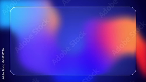 Transparent rounded rectangle glass frame background, realistic liquid glassmorphism user interface, abstract empty frosted plate on blue fluid gradient backdrop, blurred animated UI design loop