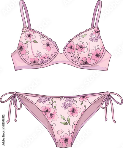 Floral print lingerie CAD, pink bikini vector illustration, women's undergarment sketch, stylish bra and panty set flat, delicate intimate wear fashion drawing