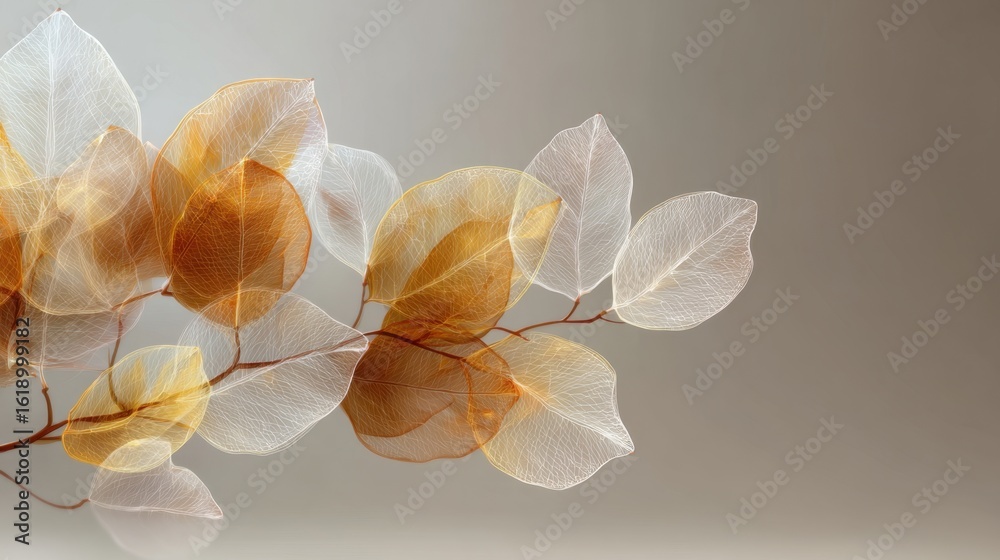 Obraz premium 3D rendered transparent brown, yellow, and White skeleton leaves on autumn background. ideal for vector presentations, seasonal graphics, or organic product branding. 