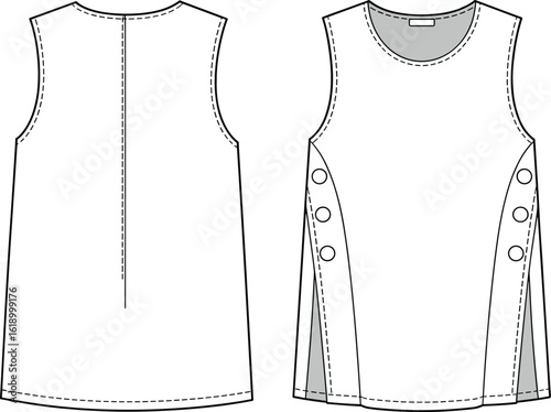 Side button sleeveless dress CAD, girls A-line tunic fashion flat sketch, children’s clothing vector, kidswear technical drawing, modern garment design template