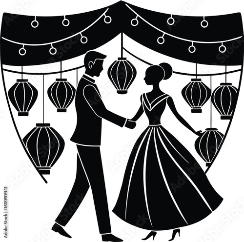 Elegant couple dancing under festive lanterns silhouette vector illustration eps
